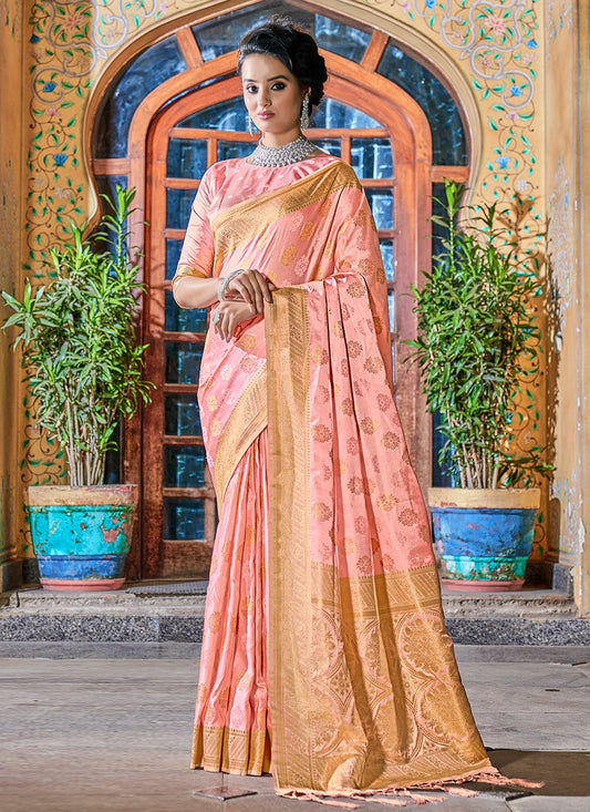 Classic Satin Silk Peach Weaving Saree