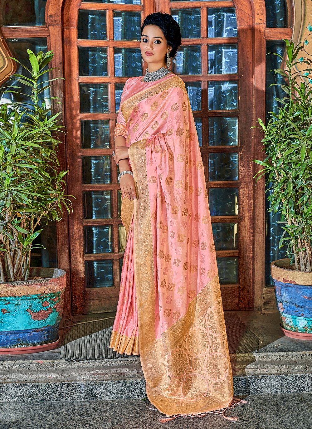 Classic Satin Silk Peach Weaving Saree