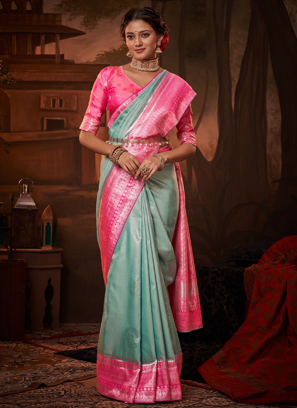 Classic Kanchipuram Silk Blue Pink Weaving Saree