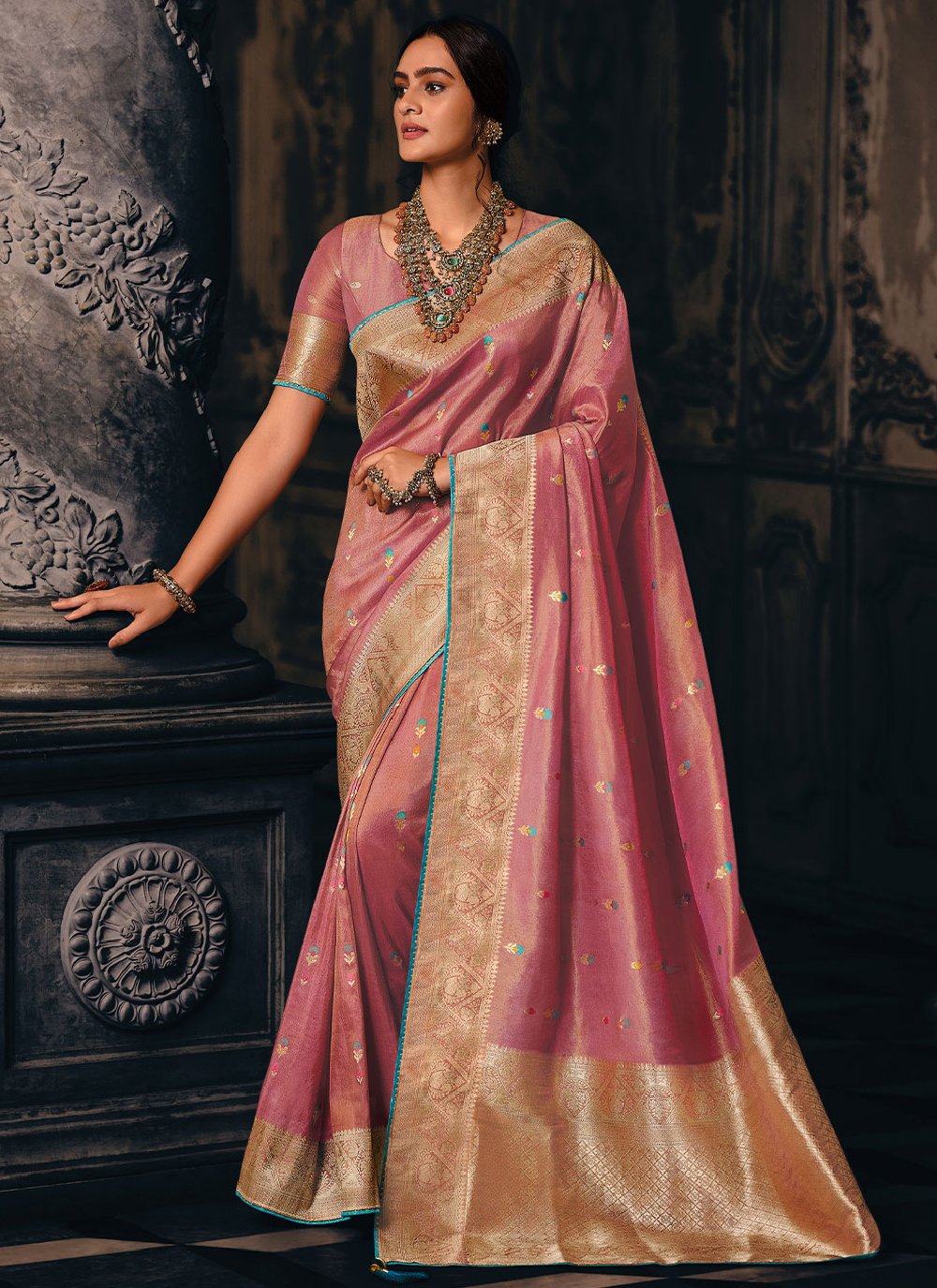 Classic Silk Tissue Pink Weaving Saree