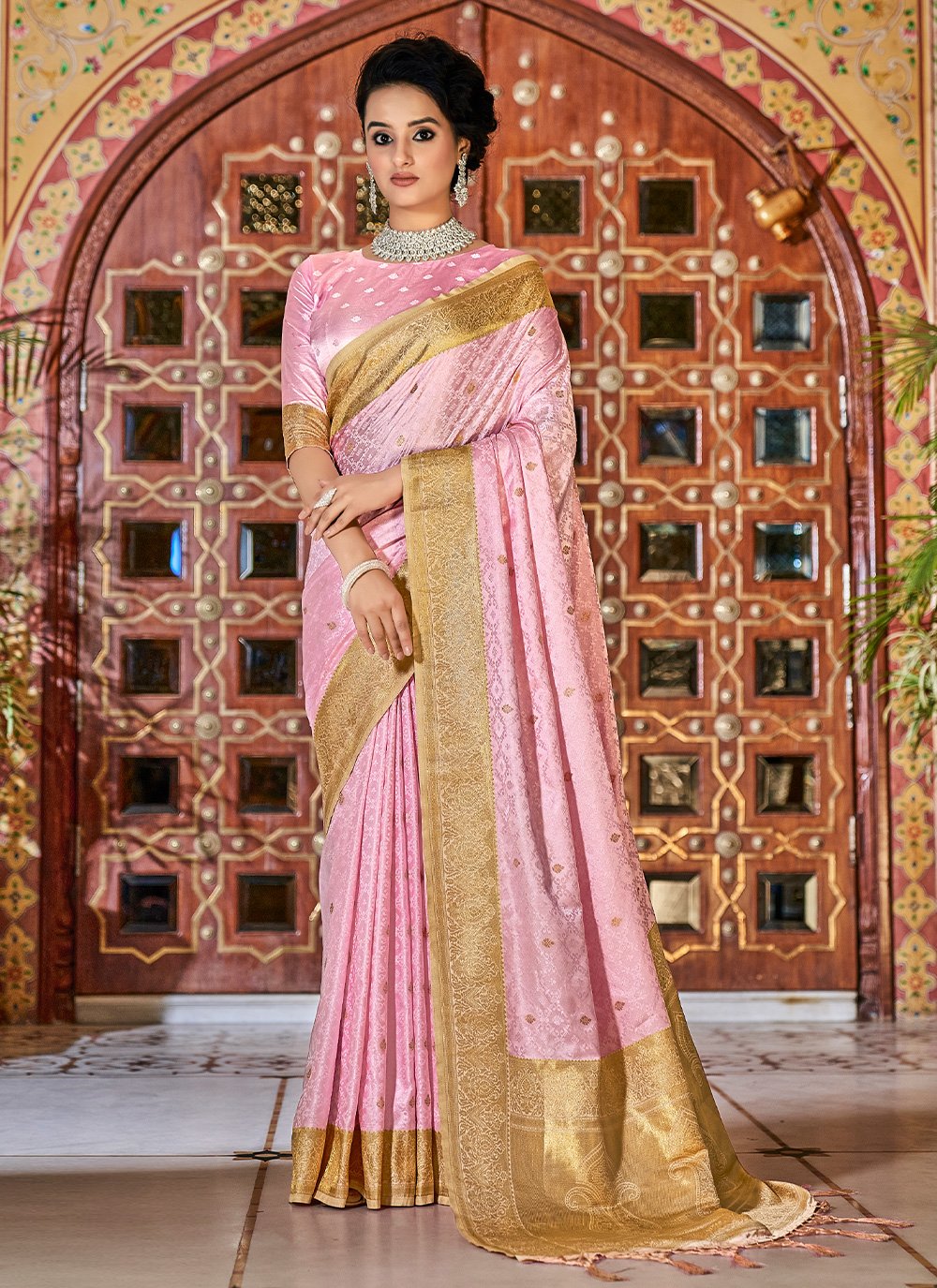 Classic Satin Silk Pink Weaving Saree