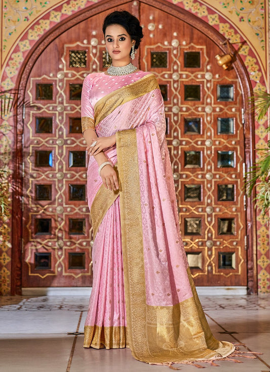 Classic Satin Silk Pink Weaving Saree