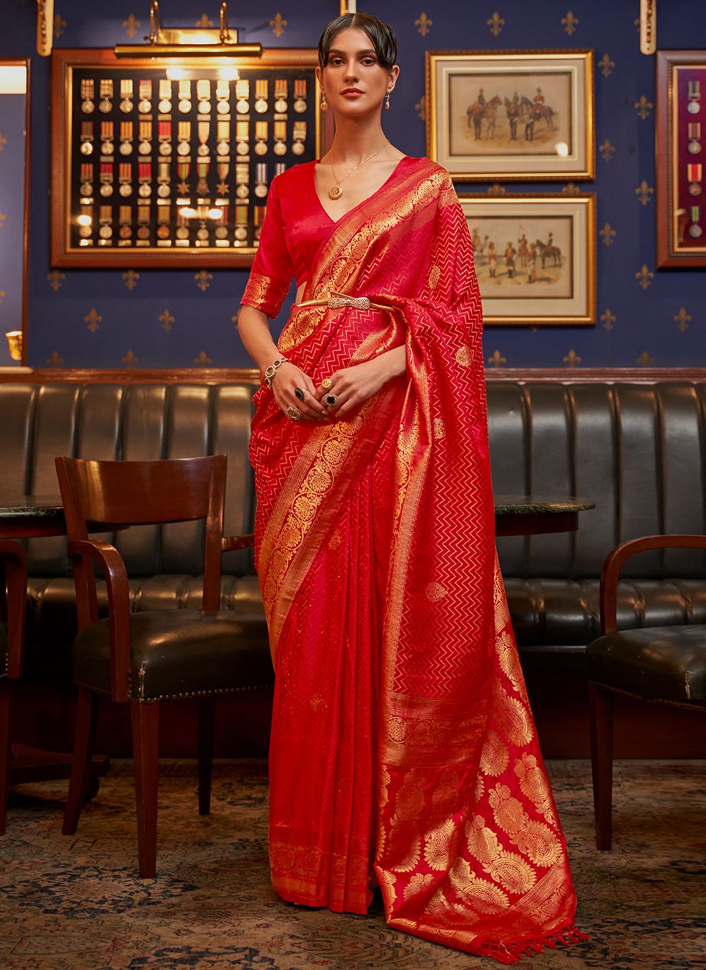 Traditional Saree Satin Silk Red Weaving Saree