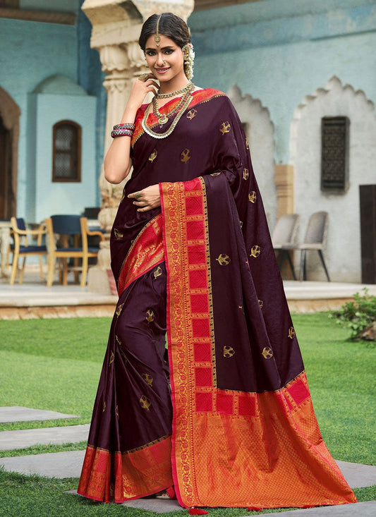 Classic Satin Silk Wine Weaving Saree