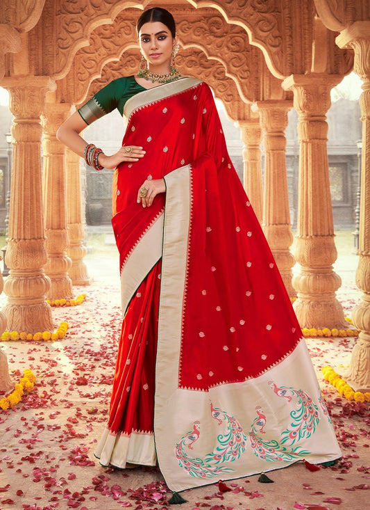 Trendy Saree Satin Silk Red Weaving Saree