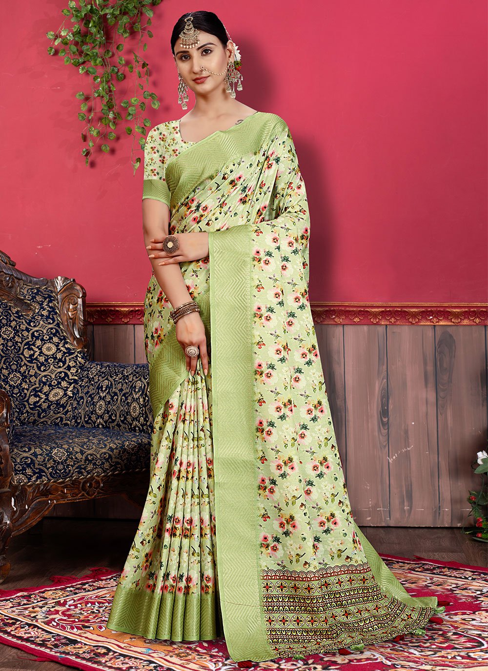 Contemporary Banarasi Silk Tussar Silk Sea Green Patch Border Saree