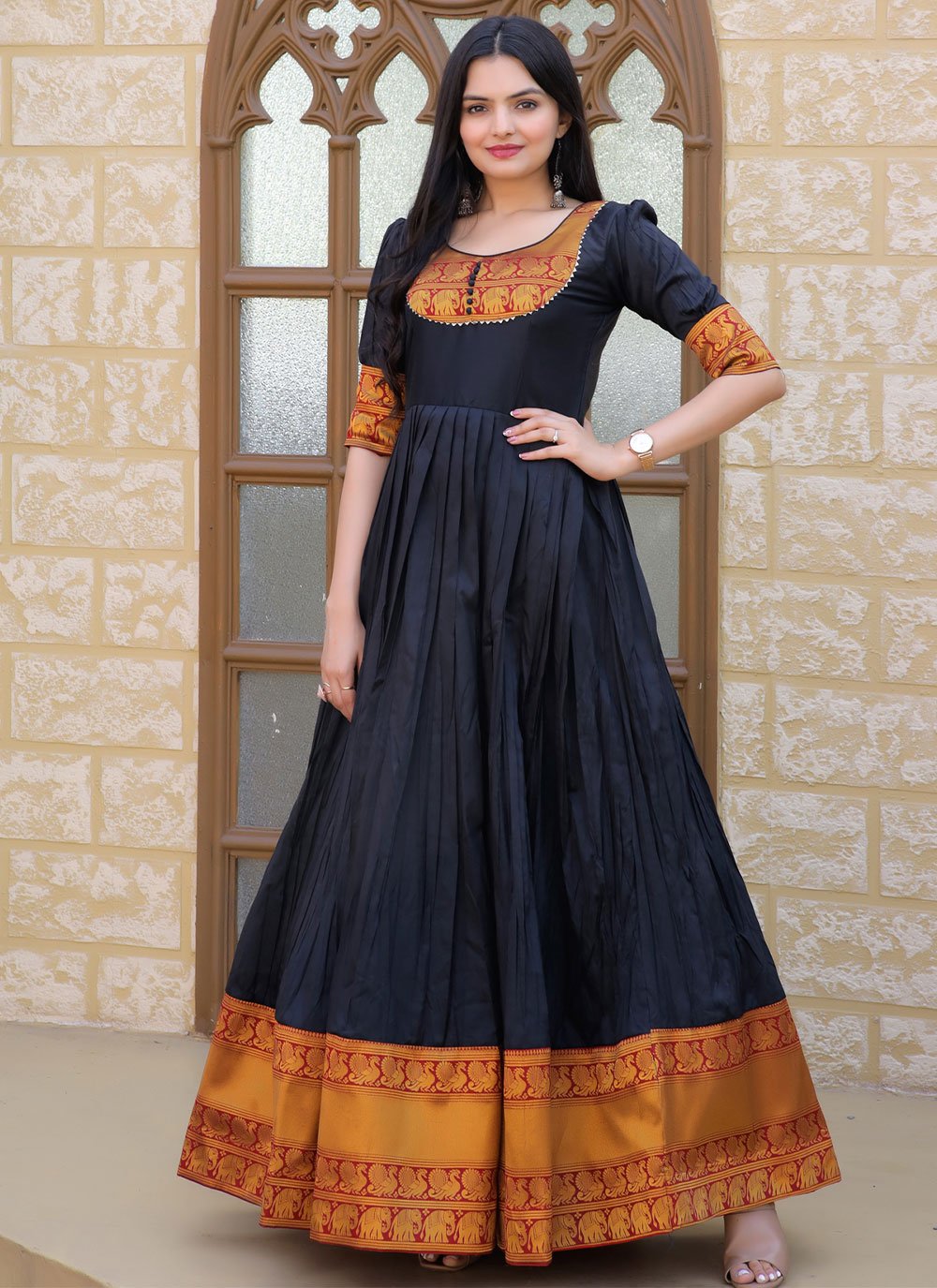 Gown Silk Black Jacquard Work Gown