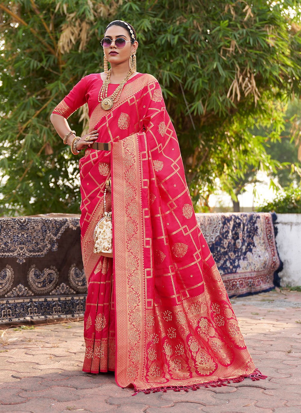 Designer Silk Fuchsia Swarovski Saree