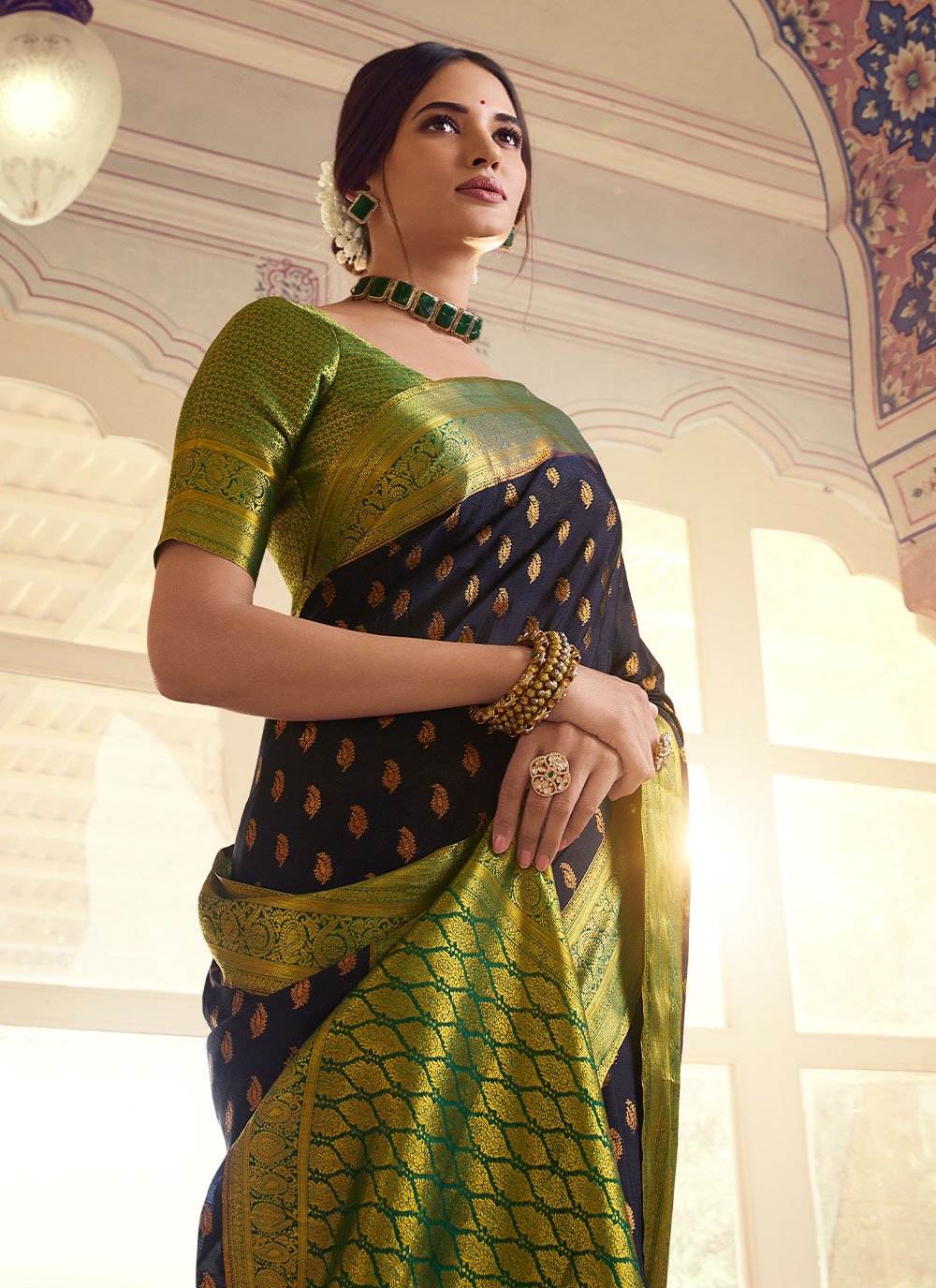 Contemporary Chiffon Silk Blue Green Weaving Saree