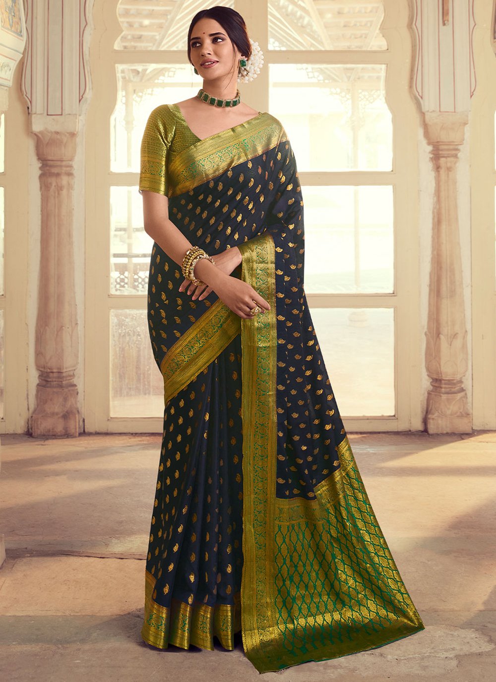 Contemporary Chiffon Silk Blue Green Weaving Saree