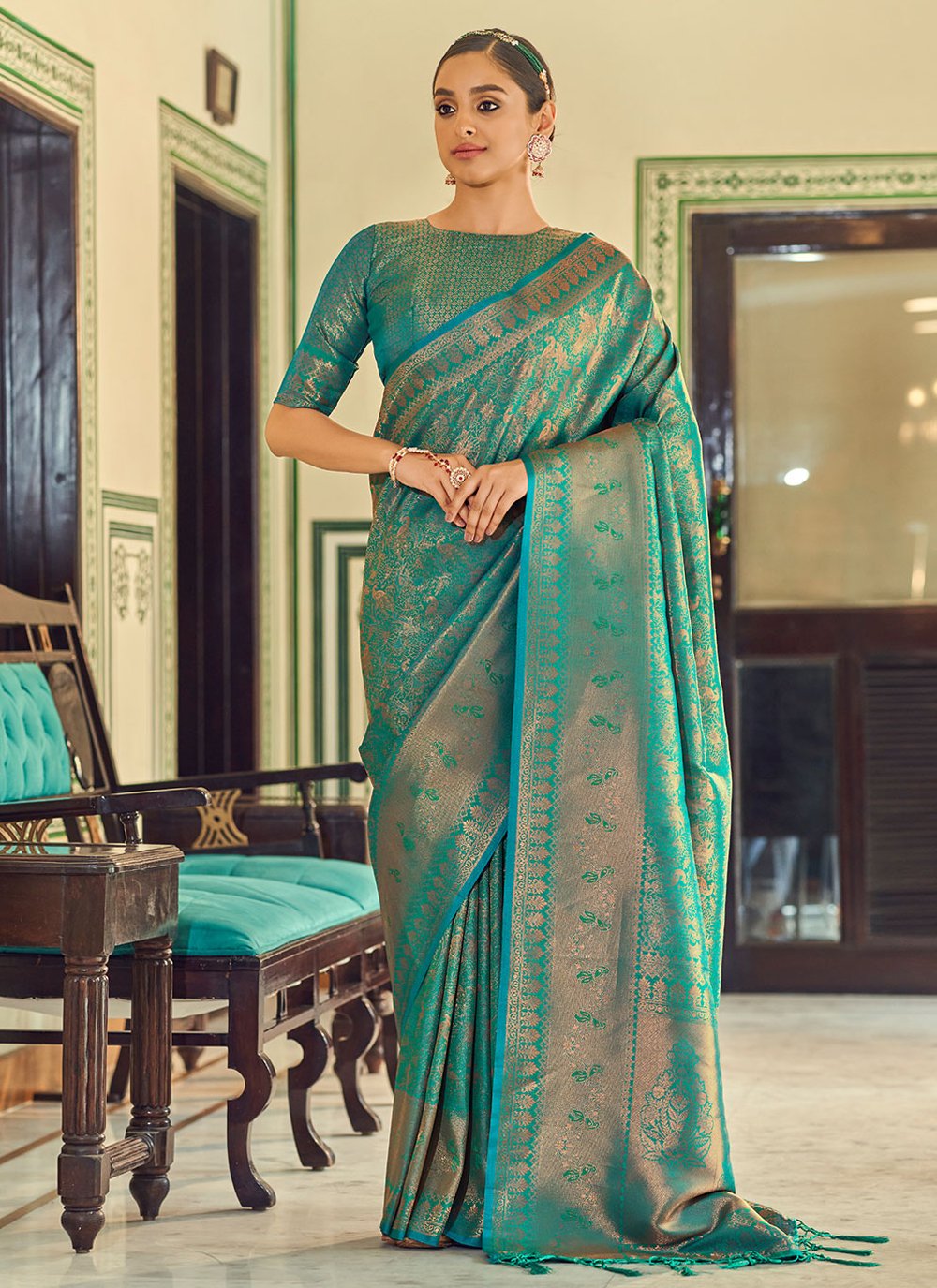 Contemporary Silk Rama Weaving Saree