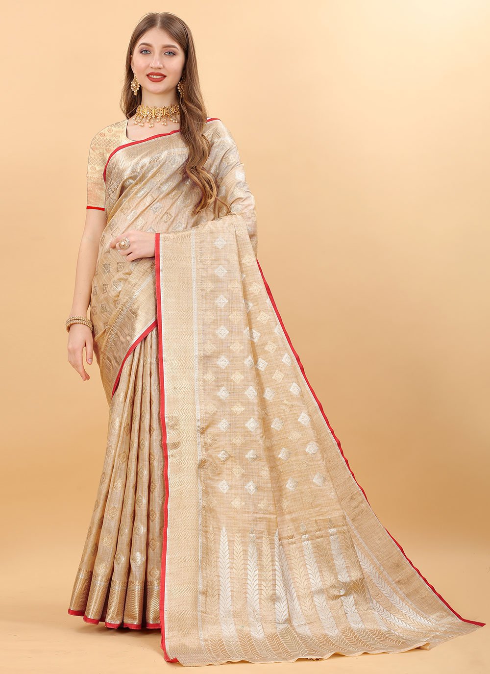 Designer Silk Beige Weaving Saree