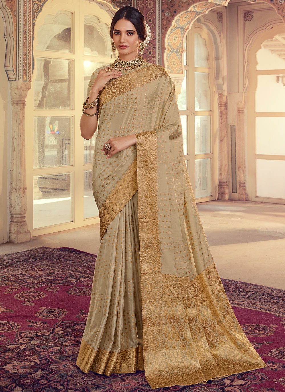 Designer Chiffon Silk Beige Weaving Saree