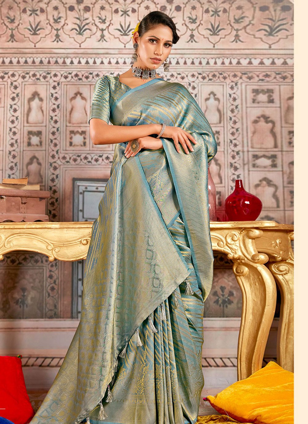 Traditional Saree Silk Aqua Blue Weaving Saree