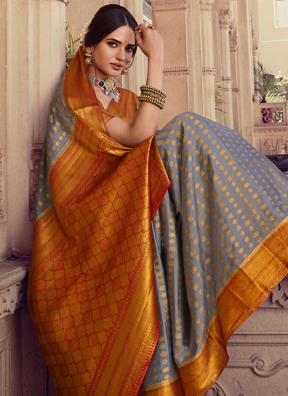 Trendy Saree Chiffon Silk Grey Orange Weaving Saree