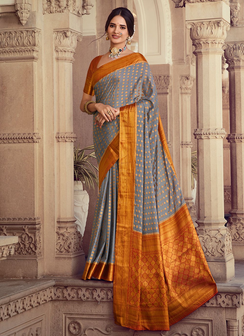 Trendy Saree Chiffon Silk Grey Orange Weaving Saree