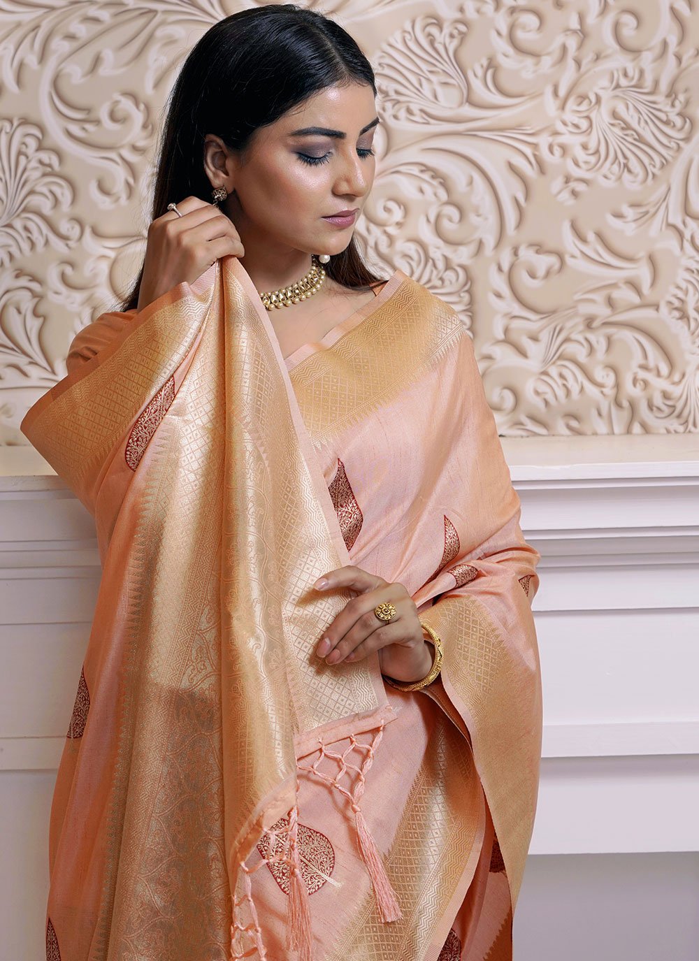 Classic Silk Peach Weaving Saree