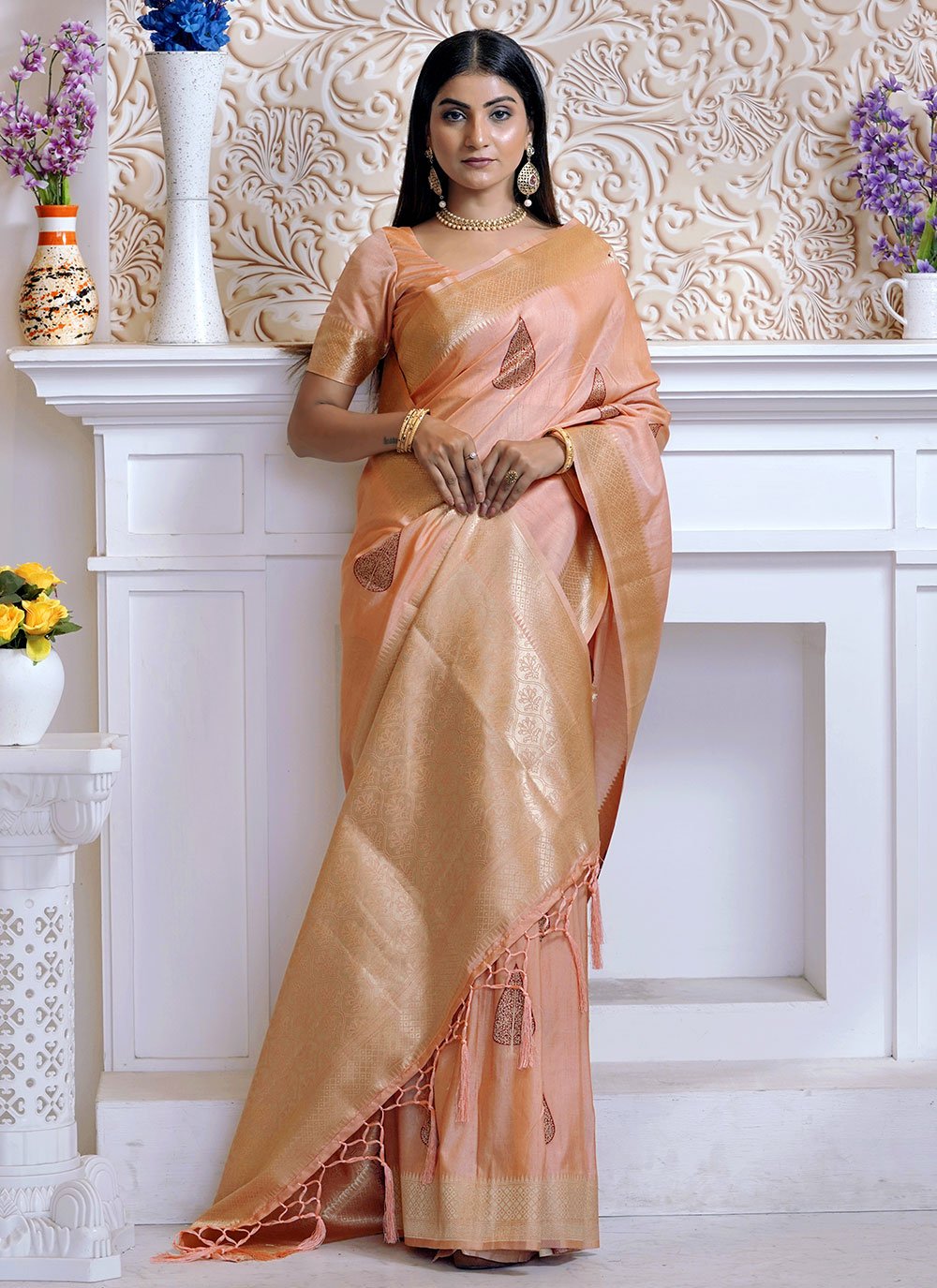 Classic Silk Peach Weaving Saree