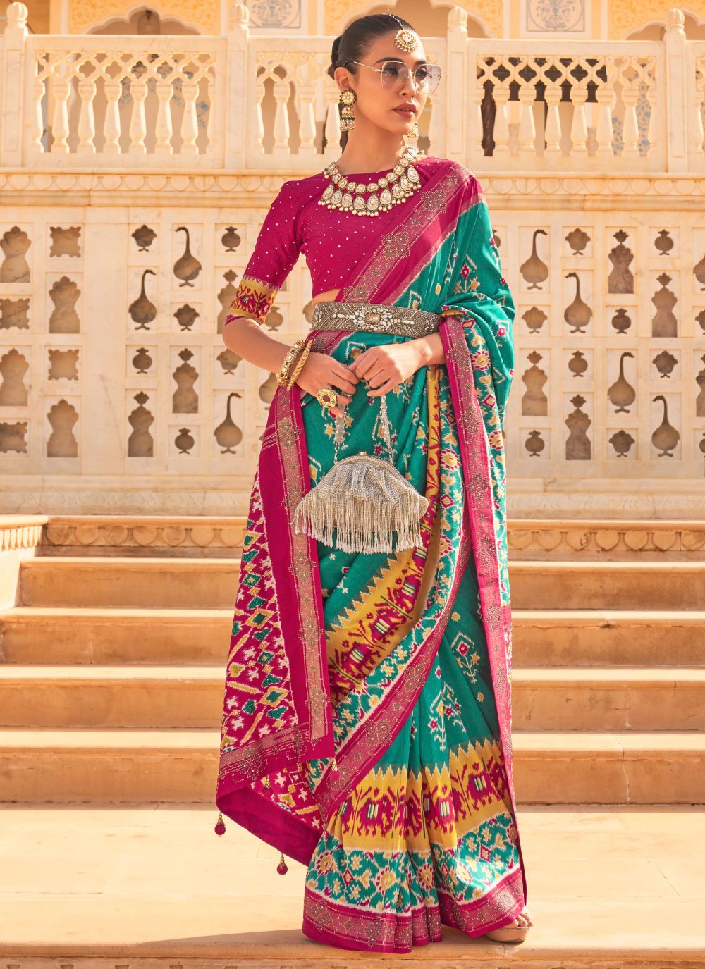 Classic Silk Pink Rama Weaving Saree