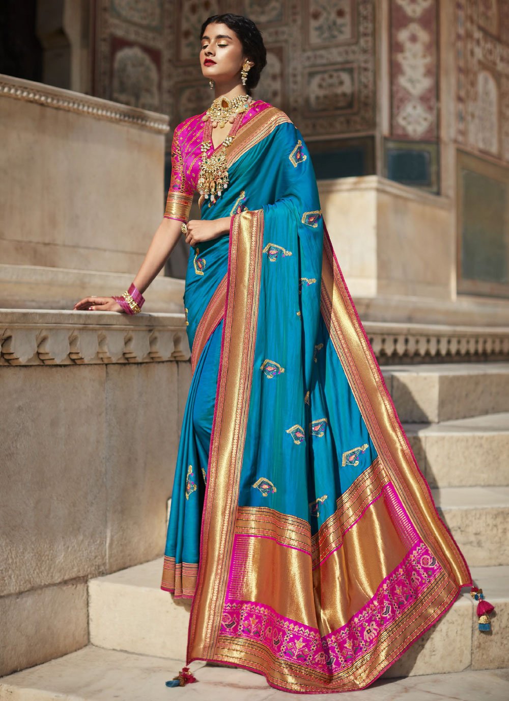 Classic Silk Blue Embroidered Saree