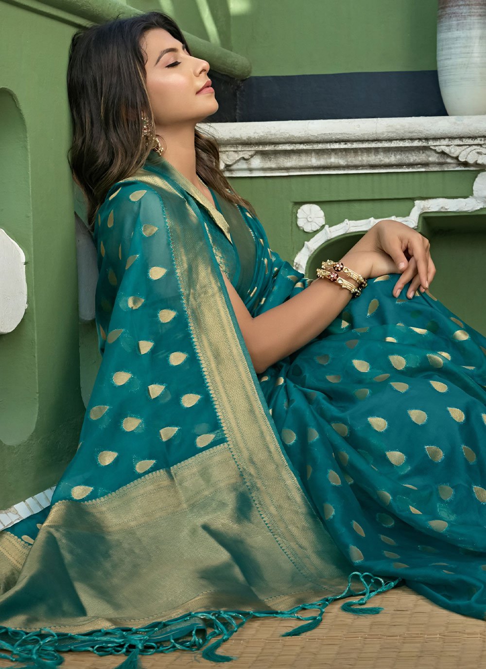 Contemporary Organza Silk Teal Weaving Saree