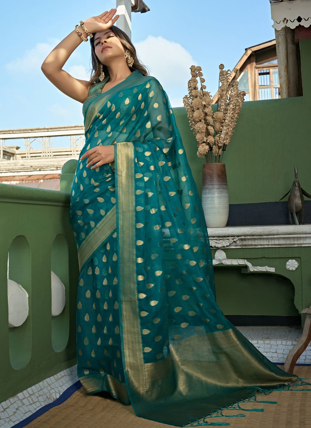 Contemporary Organza Silk Teal Weaving Saree