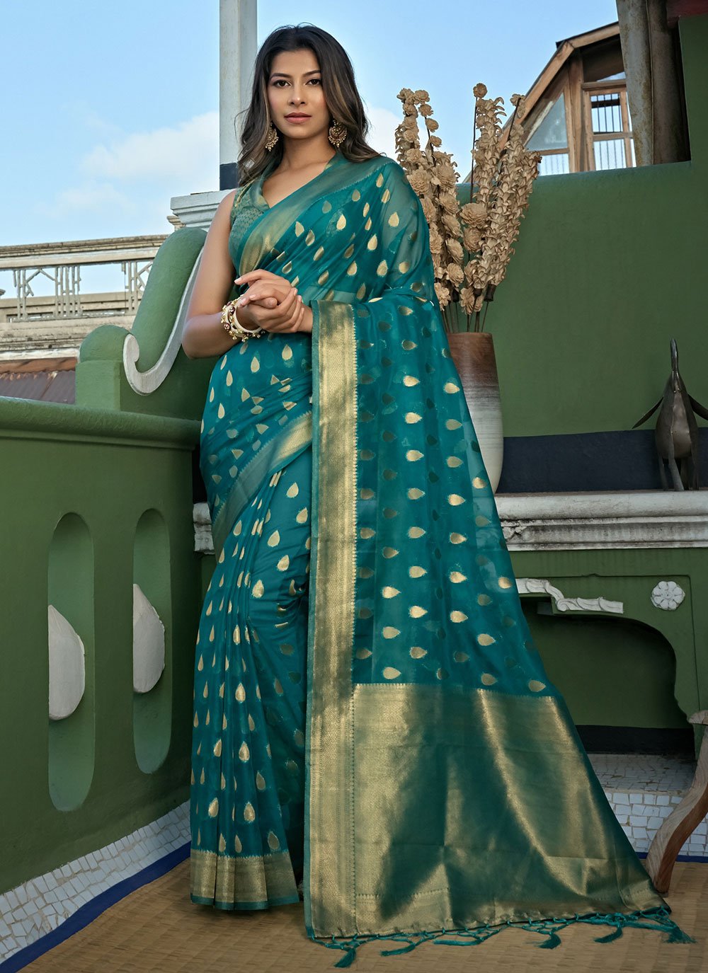 Contemporary Organza Silk Teal Weaving Saree