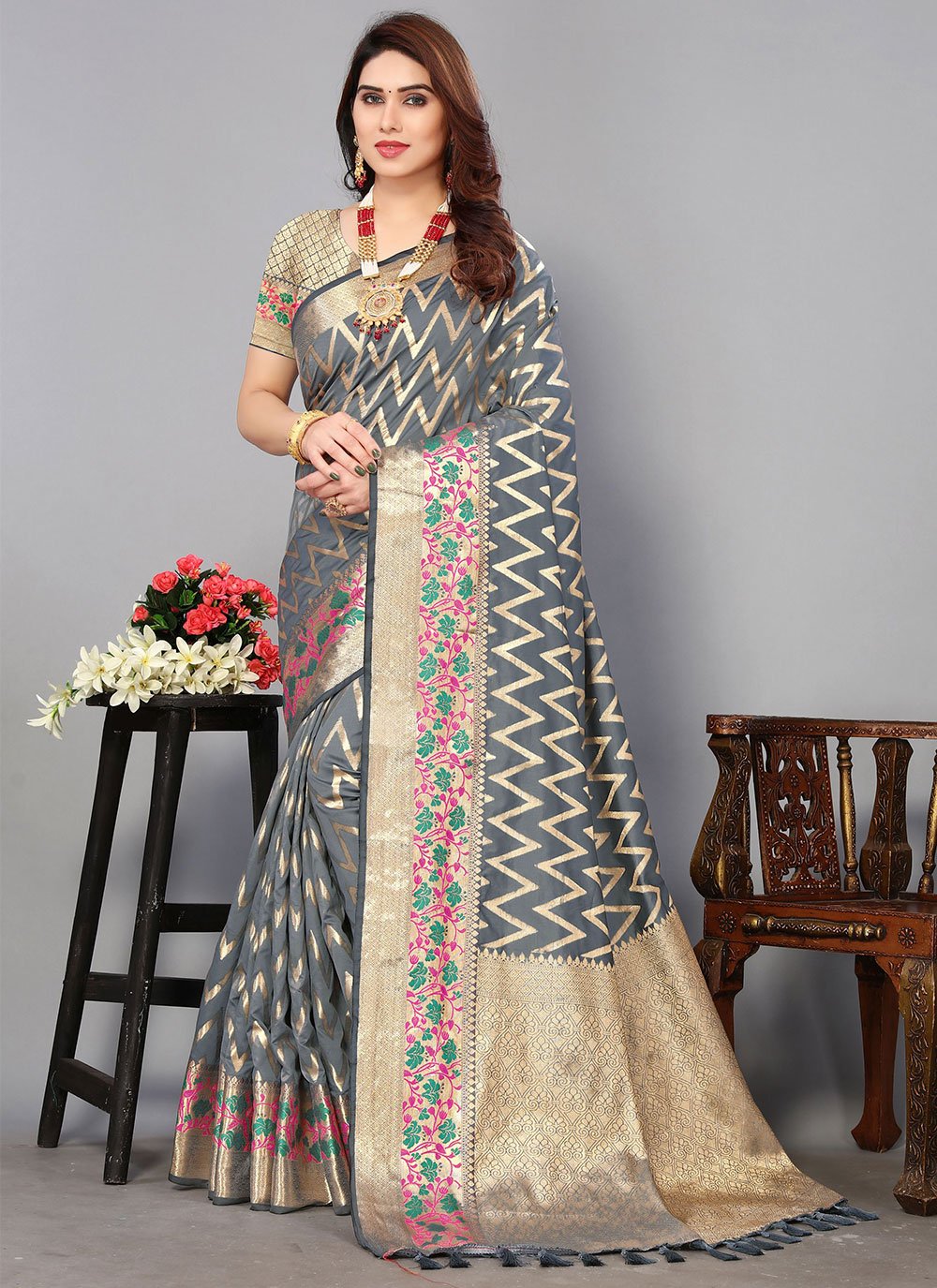 Trendy Saree Silk Grey Jacquard Work Saree