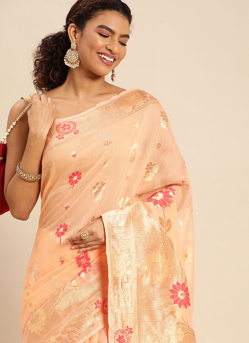 Classic Soft Cotton Peach Weaving Saree