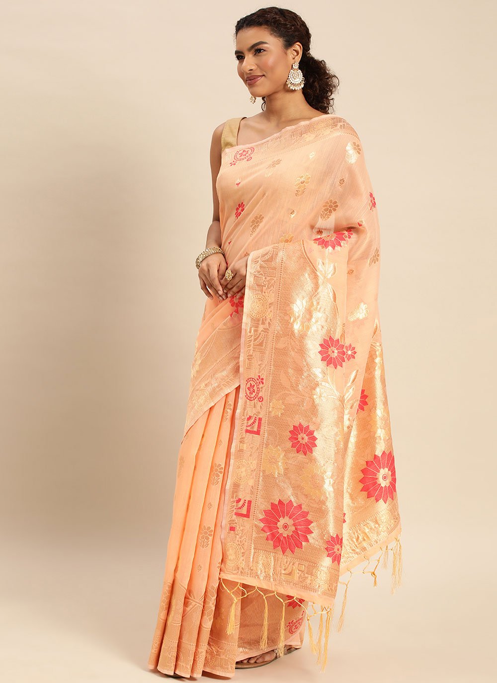 Classic Soft Cotton Peach Weaving Saree