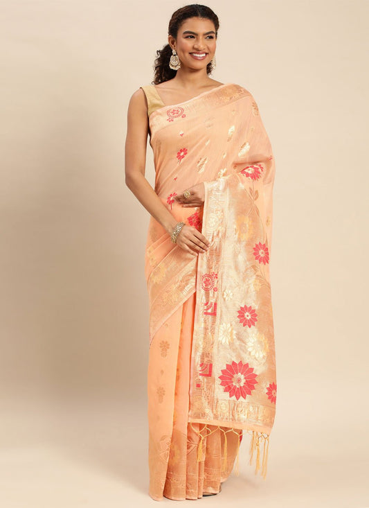 Classic Soft Cotton Peach Weaving Saree