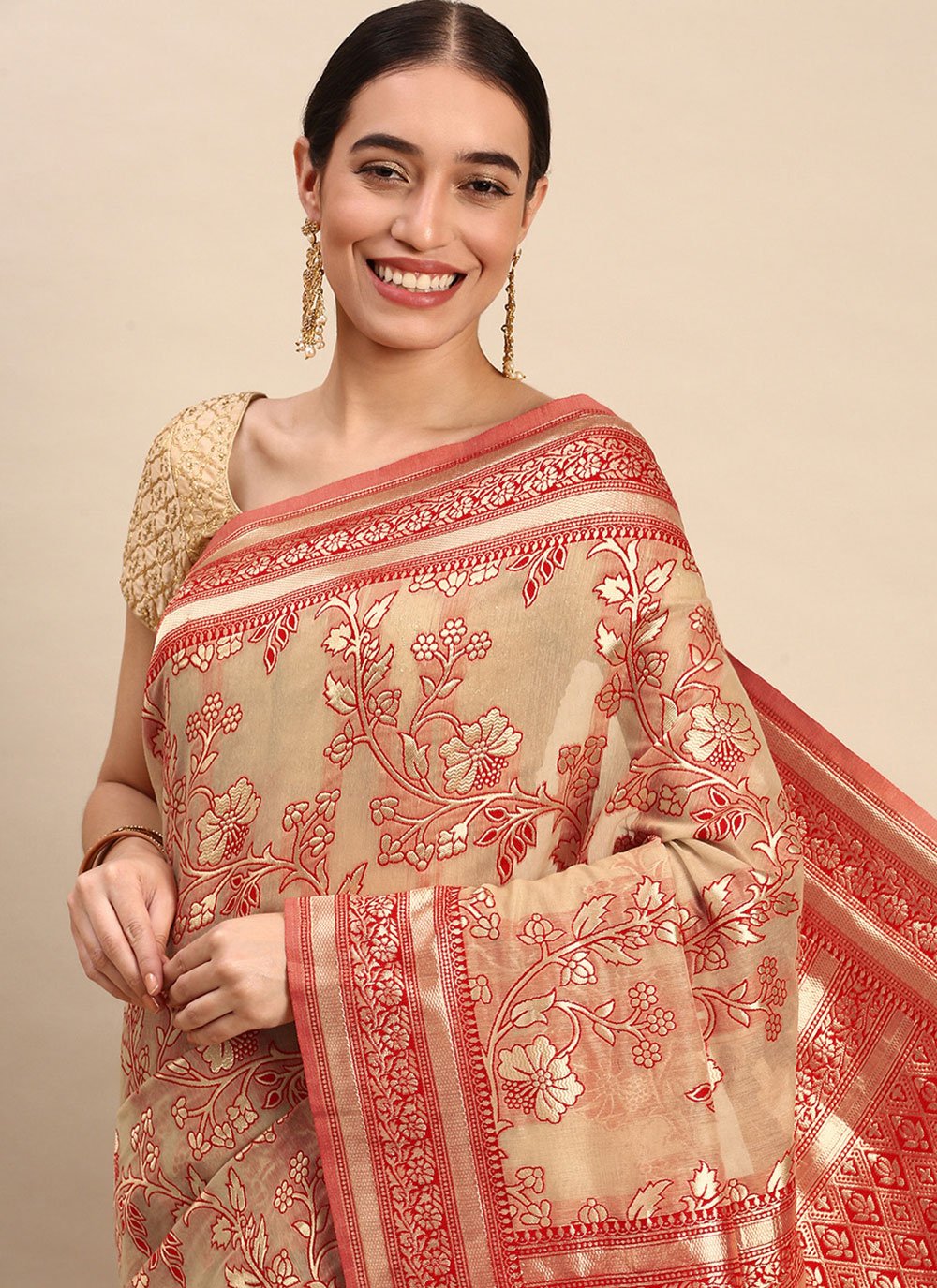 Trendy Saree Soft Cotton Beige Weaving Saree