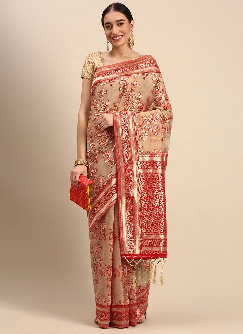 Trendy Saree Soft Cotton Beige Weaving Saree