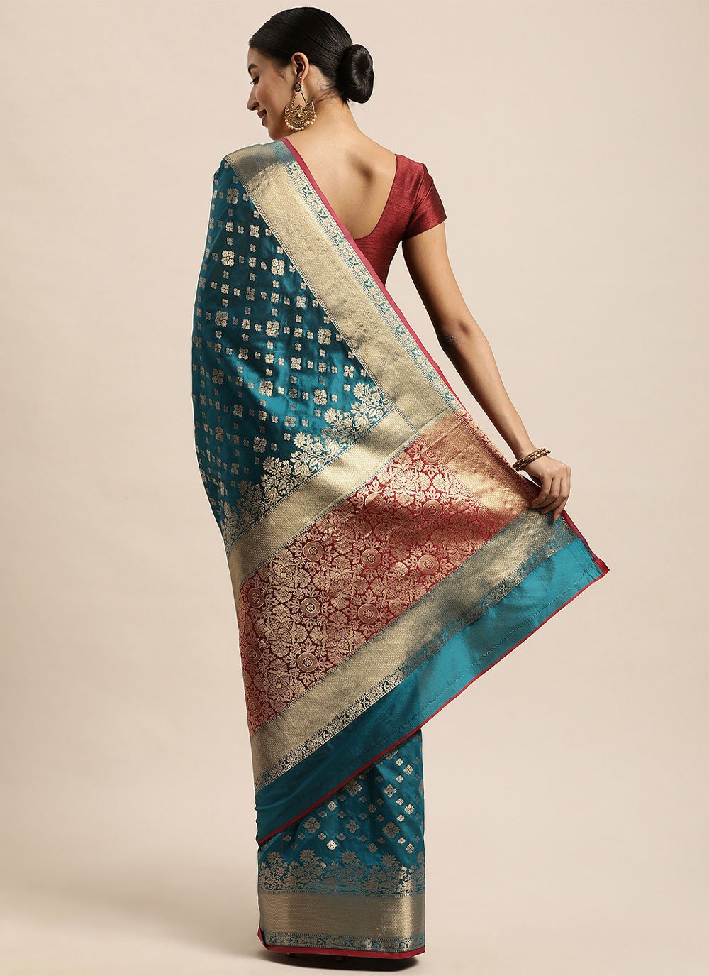 Contemporary Silk Teal Weaving Saree