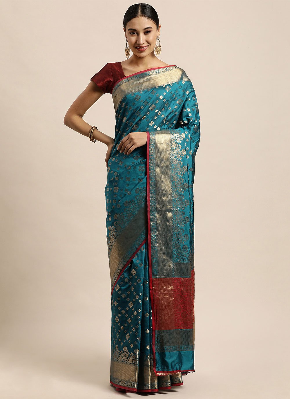 Contemporary Silk Teal Weaving Saree