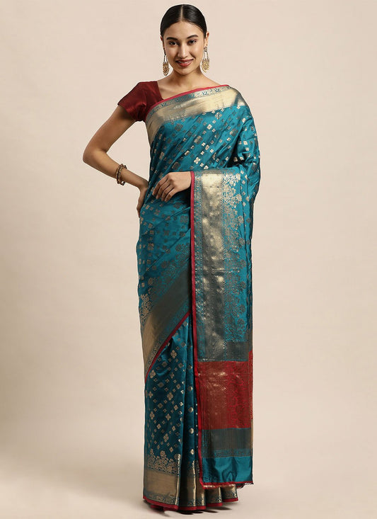 Contemporary Silk Teal Weaving Saree