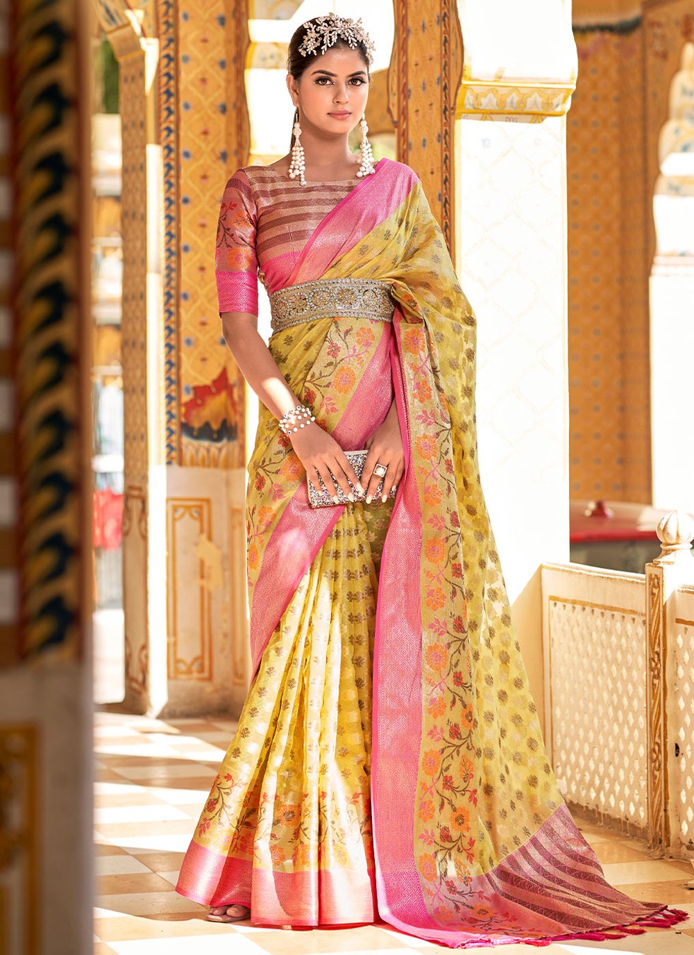 Classic Silk Tissue Yellow Weaving Saree