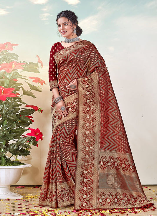 Traditional Saree Organza Maroon Weaving Saree