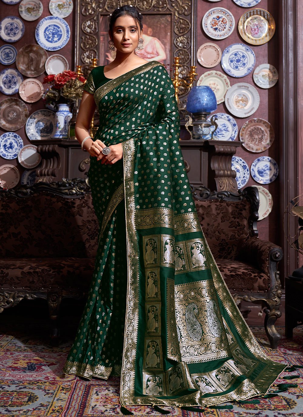 Traditional Saree Banarasi Silk Green Weaving Saree