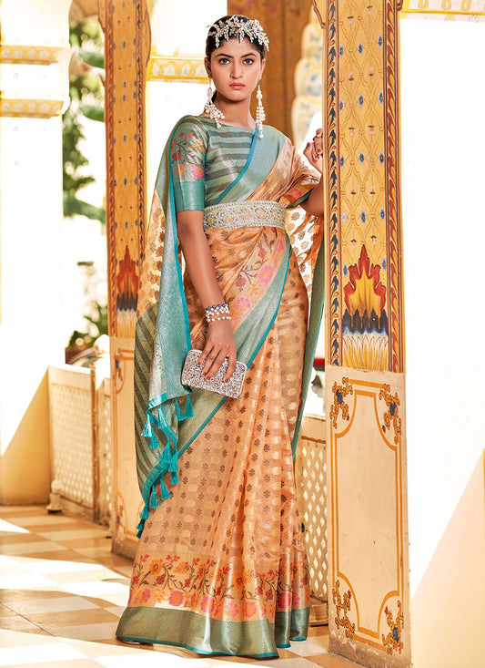 Trendy Saree Silk Tissue Blue Peach Weaving Saree