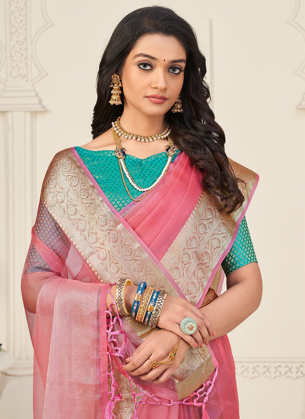 Trendy Saree Organza Aqua Blue Pink Patch Border Saree