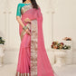 Trendy Saree Organza Aqua Blue Pink Patch Border Saree