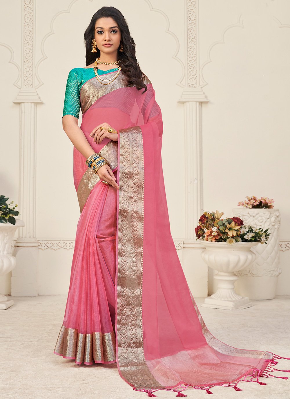 Trendy Saree Organza Aqua Blue Pink Patch Border Saree