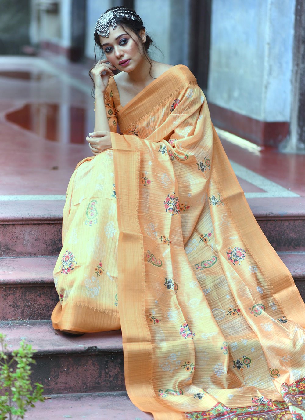 Classic Tussar Silk Orange Weaving Saree