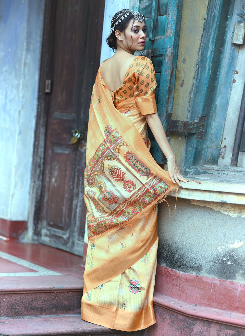 Classic Tussar Silk Orange Weaving Saree