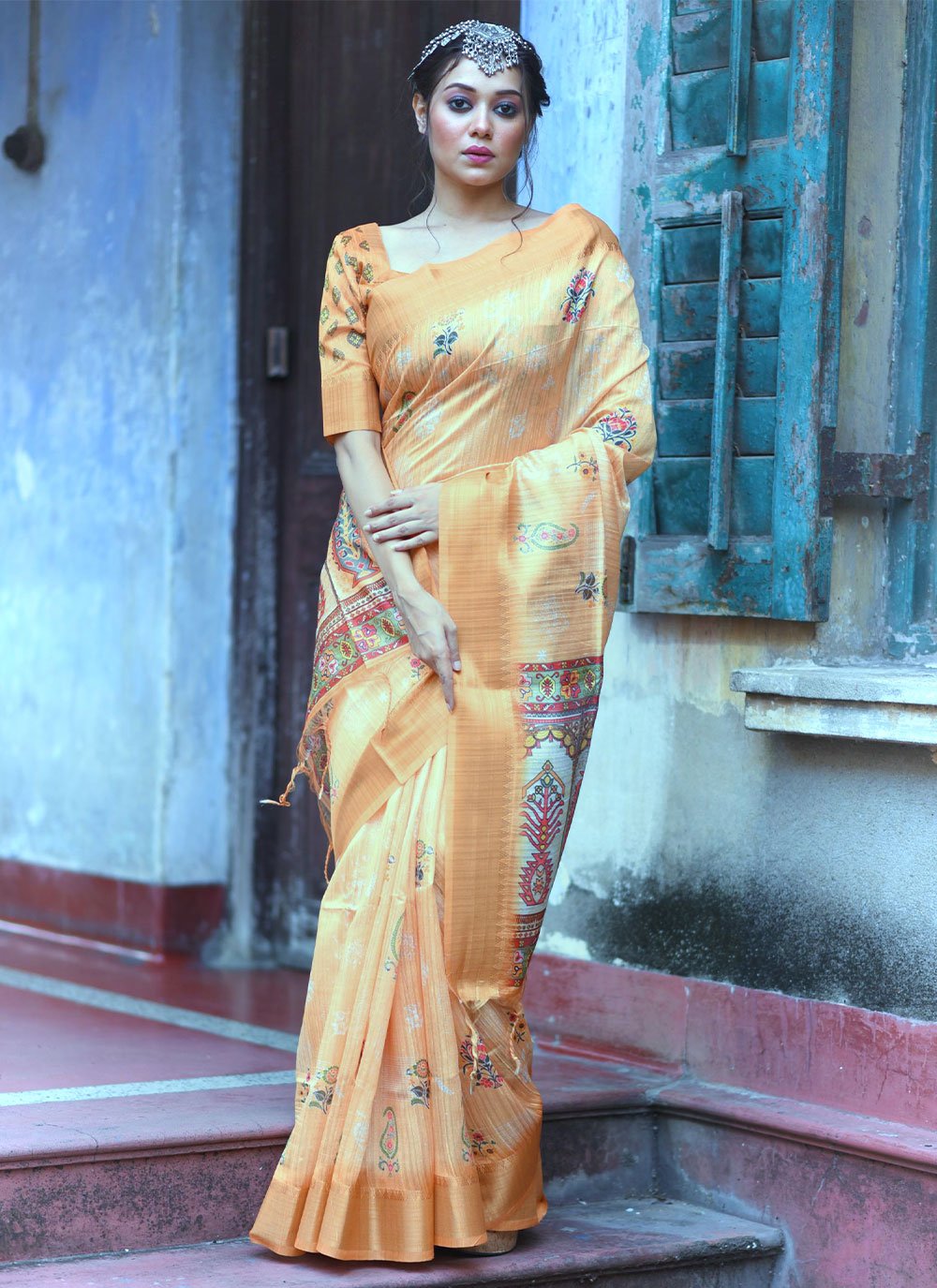 Classic Tussar Silk Orange Weaving Saree