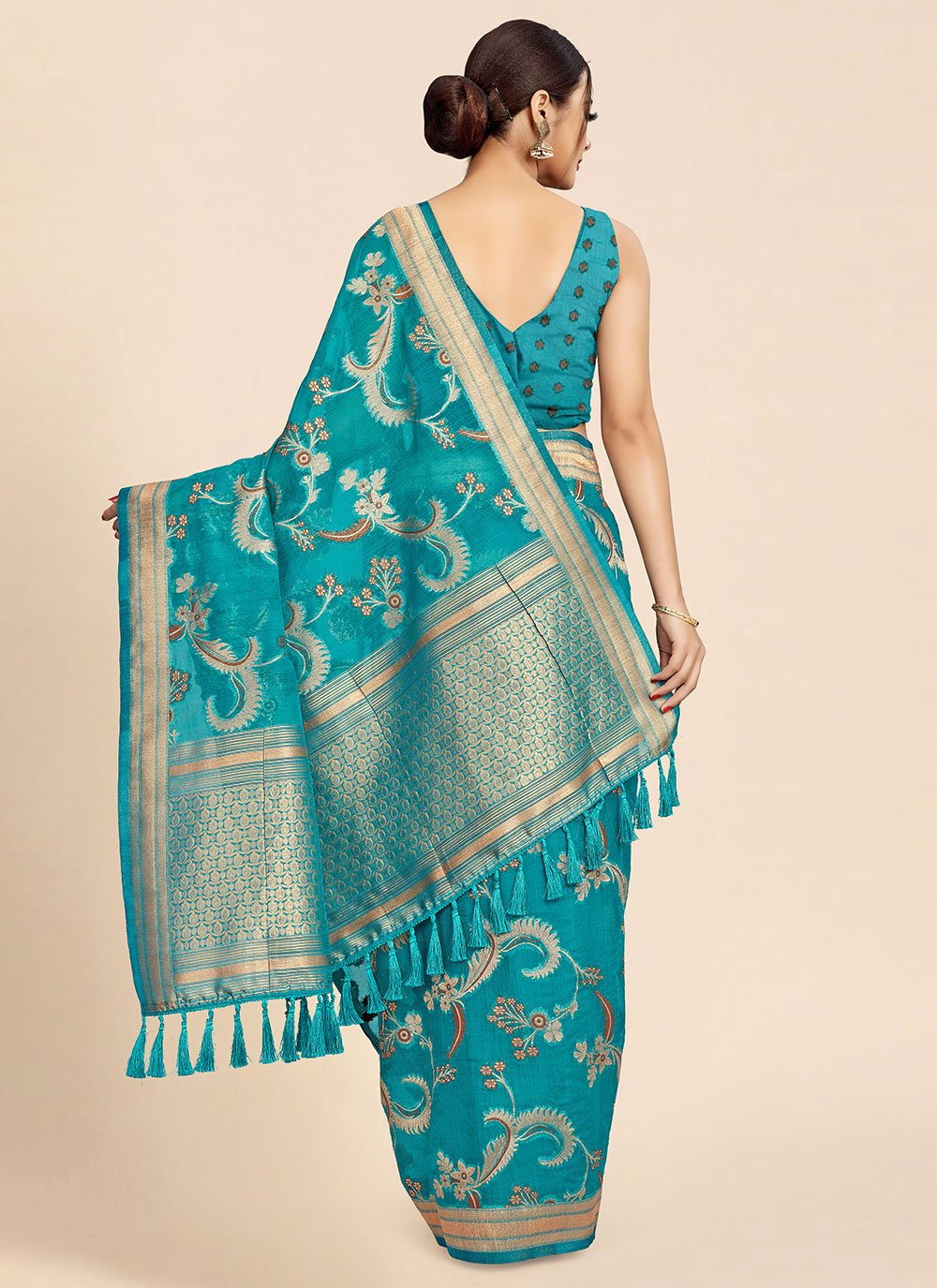 Contemporary Organza Viscose Turquoise Weaving Saree