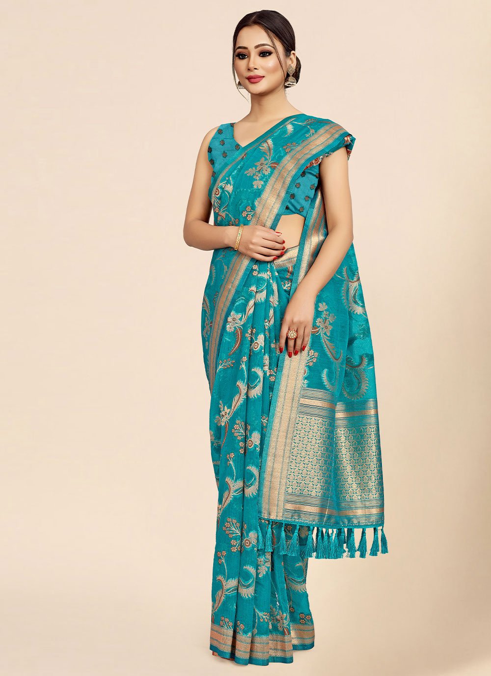 Contemporary Organza Viscose Turquoise Weaving Saree