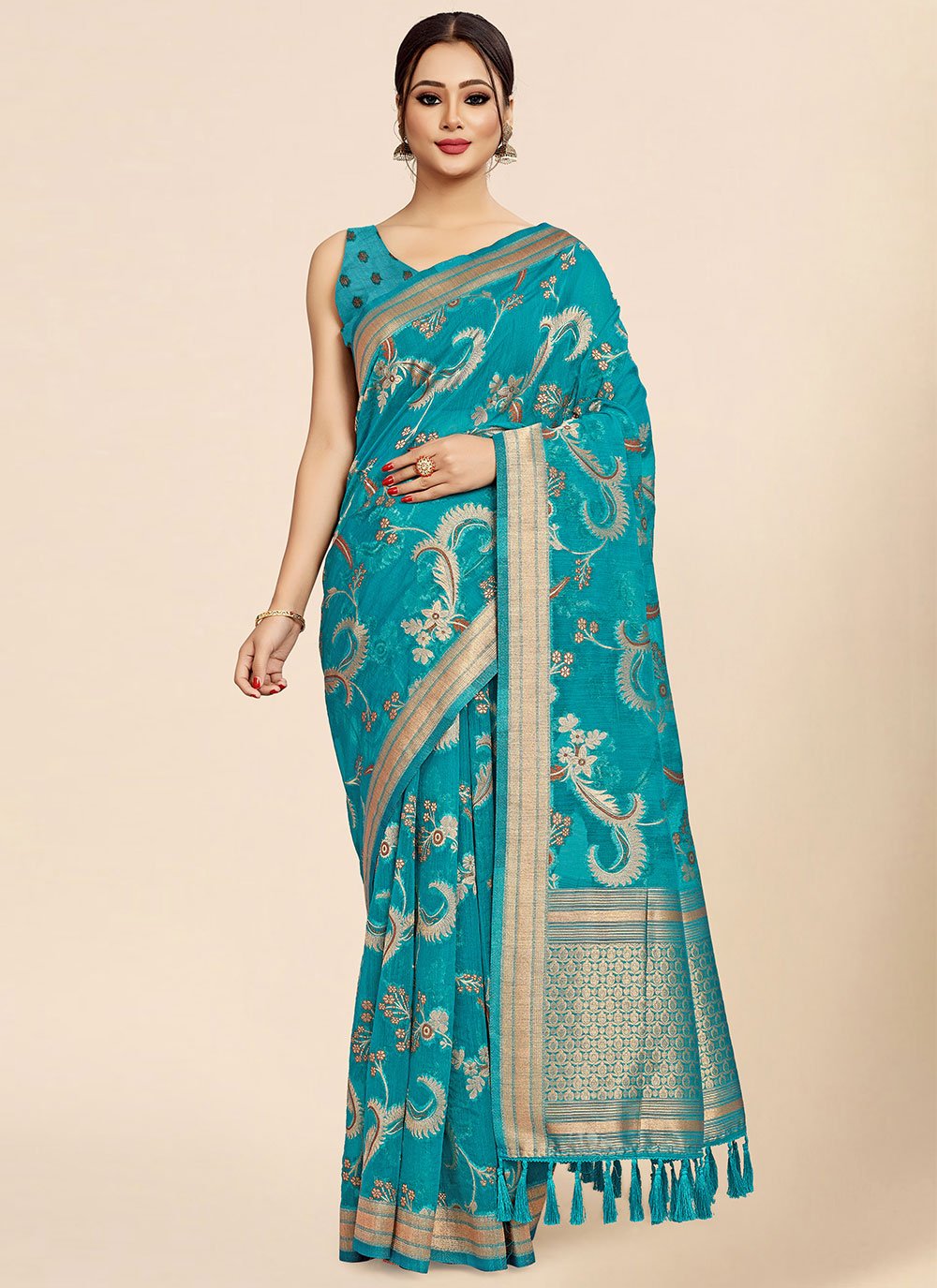 Contemporary Organza Viscose Turquoise Weaving Saree