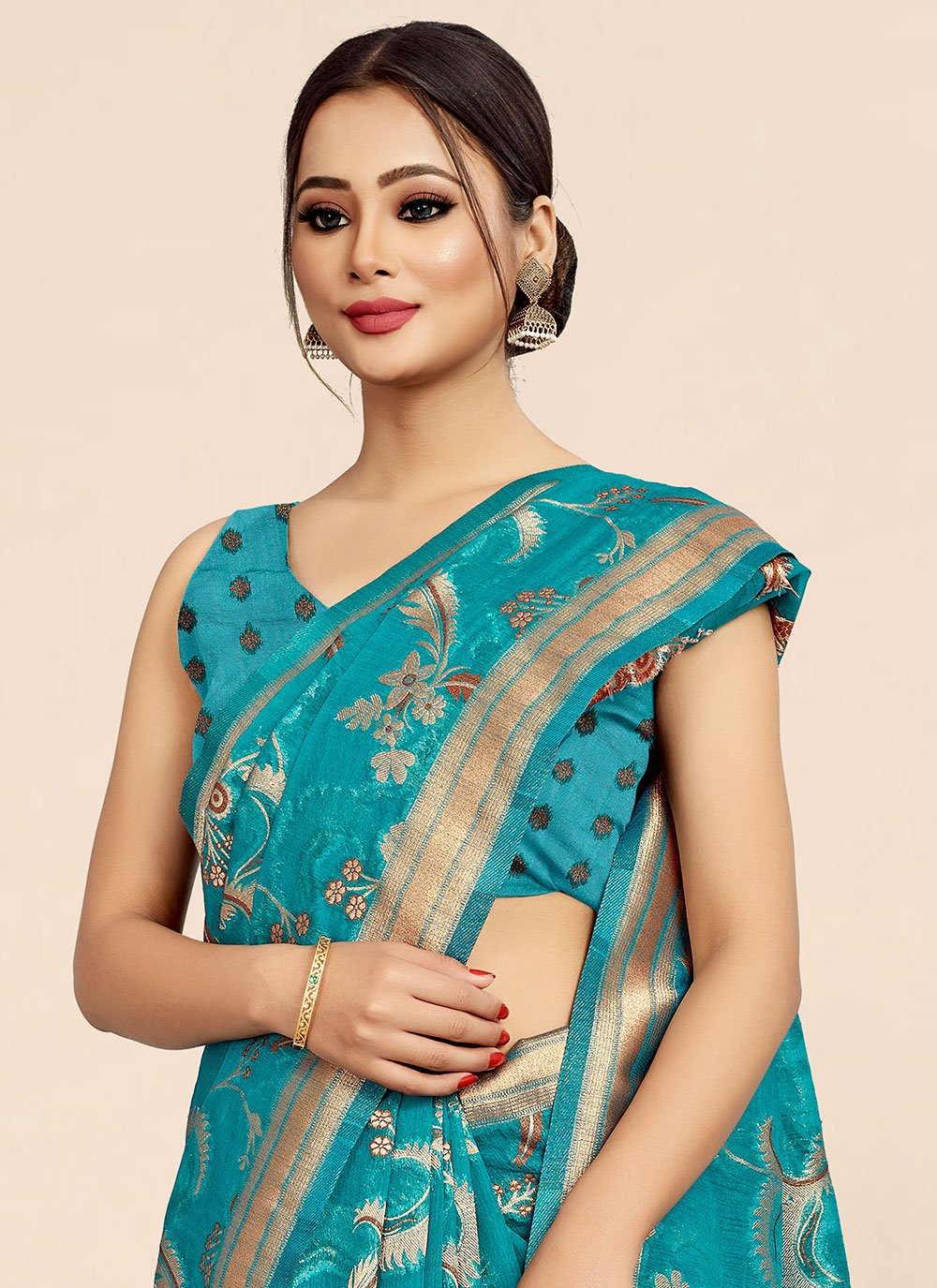 Contemporary Organza Viscose Turquoise Weaving Saree